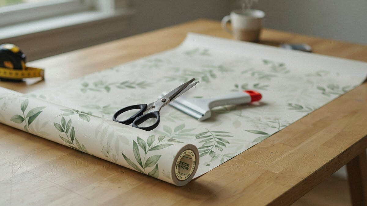 Roll of botanical peel and stick wallpaper on a table with scissors