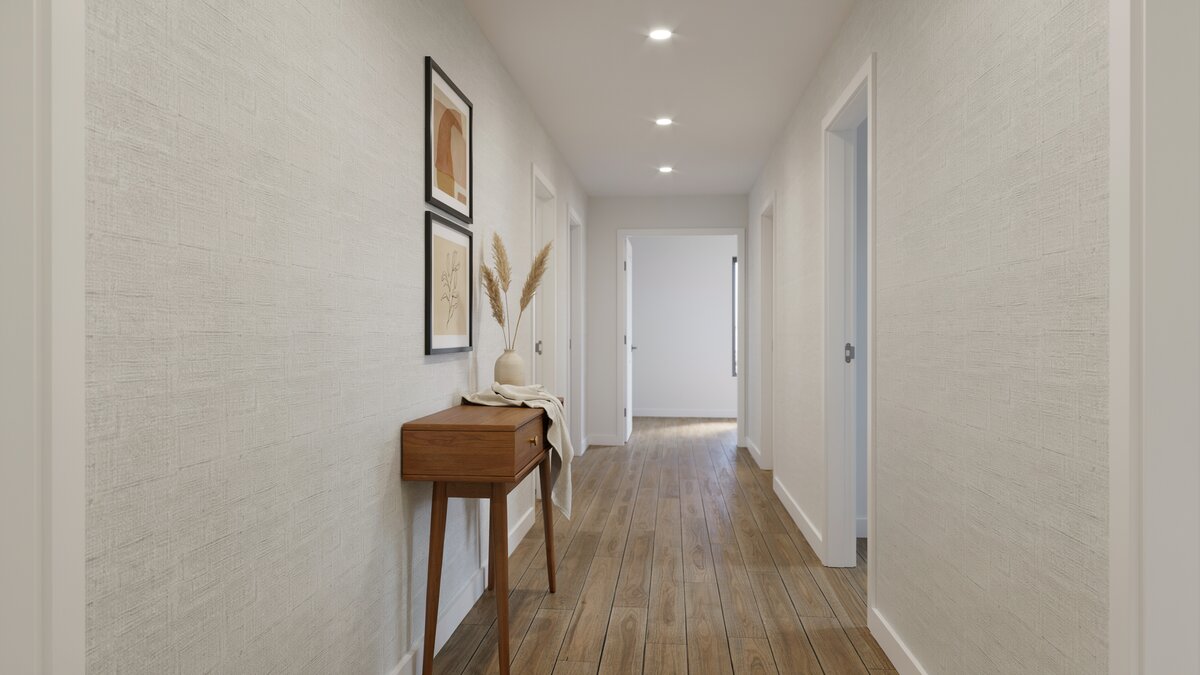 Bright hallway with durable textured PVC vinyl wallpaper and a slim console table