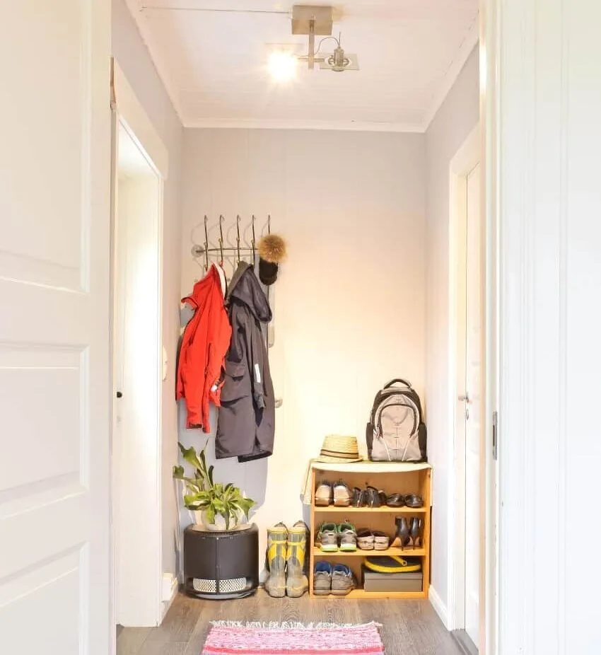 Shoe storage, colorful rug and coat rack 