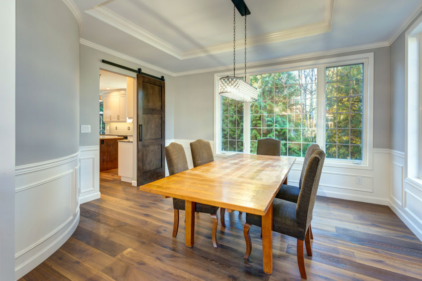 Simple dining area with wood table, chairs, pendant lighting, window, and wainscoting