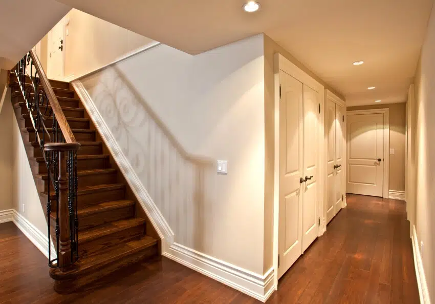 Stairs with wooden steps and mahogany floors