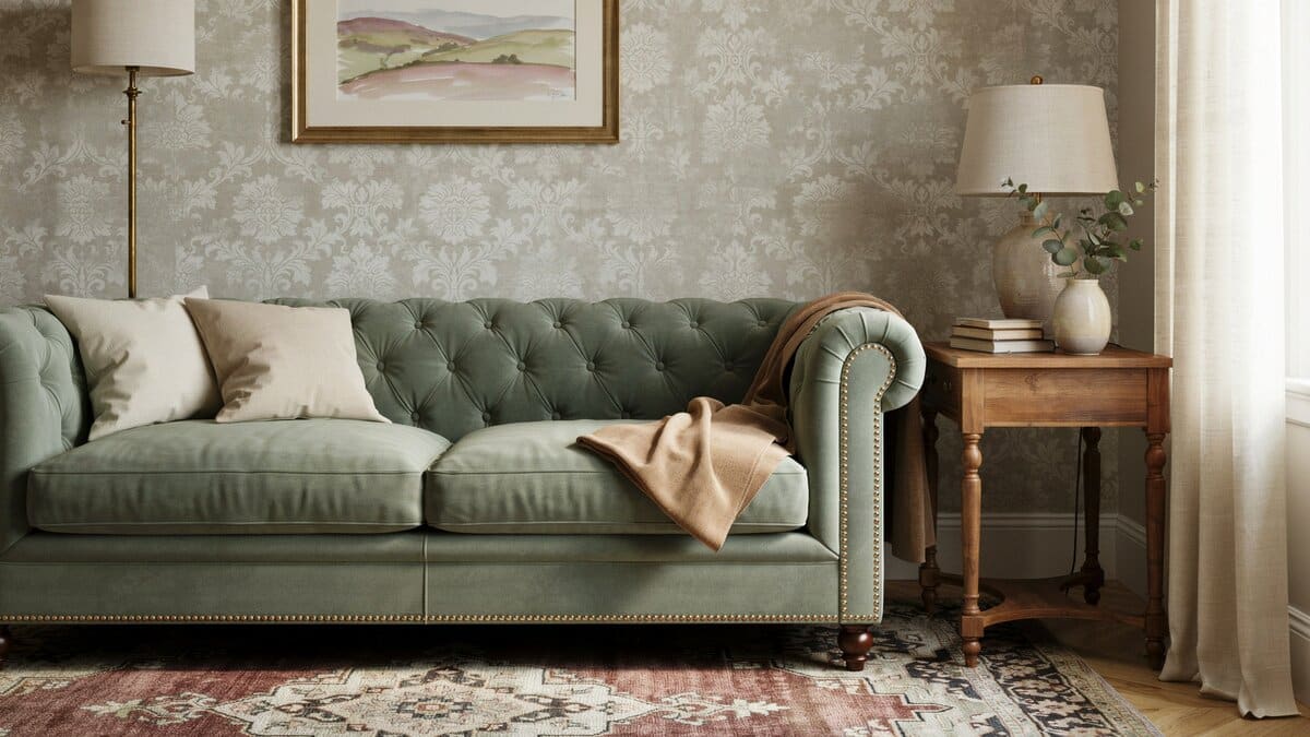 Traditional living room with soft floral textile wallpaper and tufted green velvet sofa
