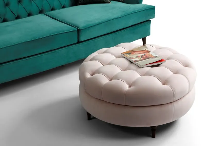 Upholstered ottoman bench and velvet sofa