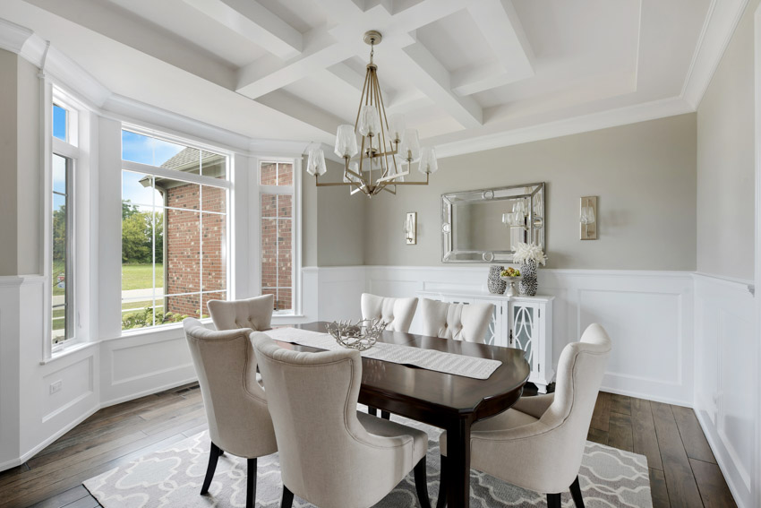 White dining room with wainscoting, table, chairs, coffered ceiling, and windows