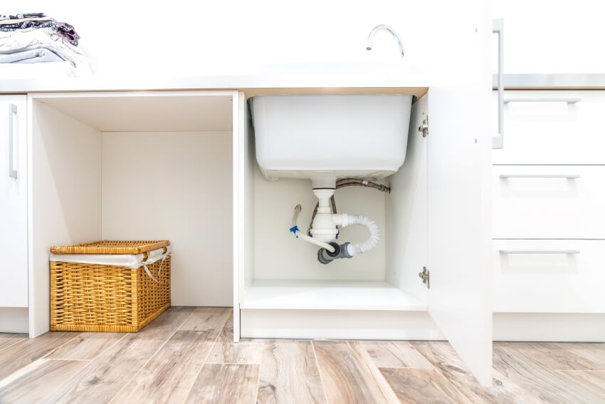White extra deep sink, basket and storage cabinets
