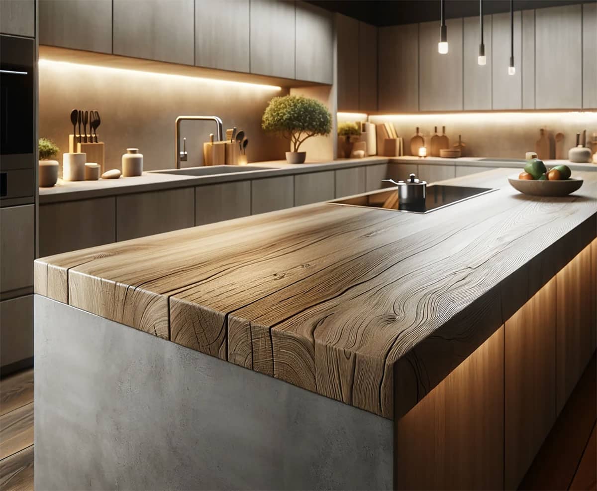 Kitchen island with concrete countertop that is constructed to be wood
