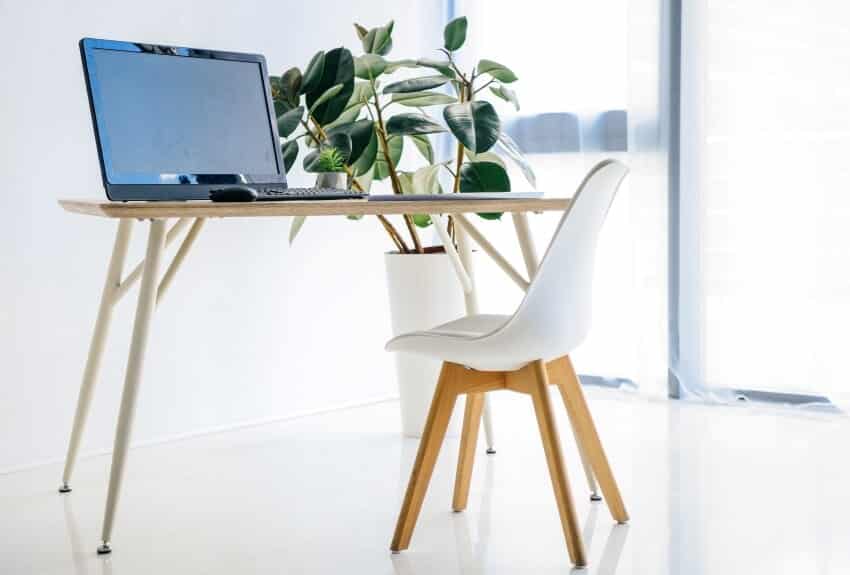 Working area with potted plant, chair, and computer on a table with adjustable levelers in its legs