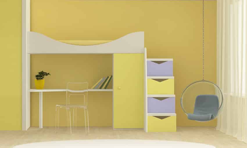 Yellow children's room with study area, hanging egg chair, and bunk bed