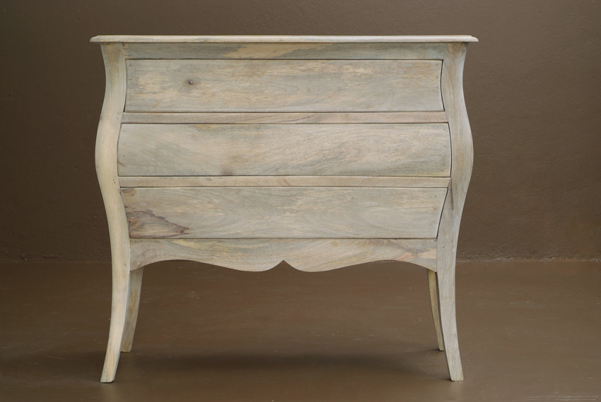 White washed wood bombe chest nightstand