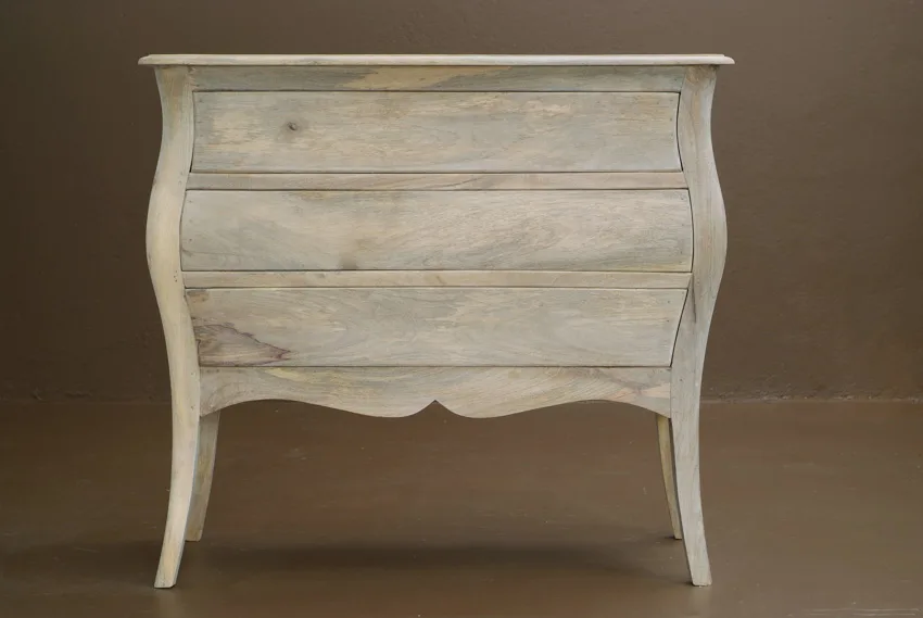 White washed oak wood bombe chest nightstand for bedrooms