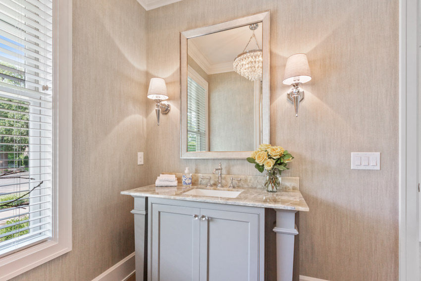 Bathroom vanity with mirror, wall mounted lights, countertop, and window