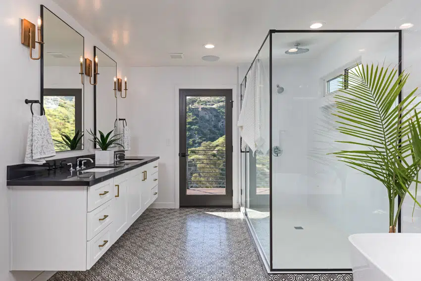Bathroom with black countertop, glass divider, shower area, patterned tile floor, drawers, indoor plant, and mirror