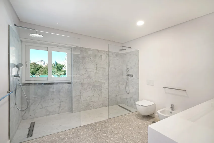 Bathroom with Carrara marble shower wall, toilet, glass door, and windows