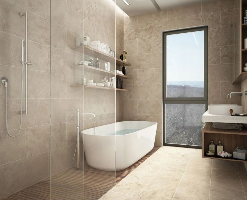 Bathroom with limestone walls, wood shower, floor, tub, floating shelves, sink, and windows