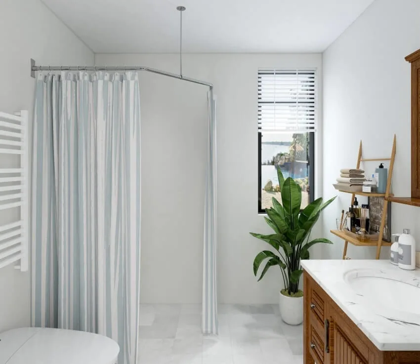 Bathroom with small vanity with round sink, and ceiling mounted shower curtain rod