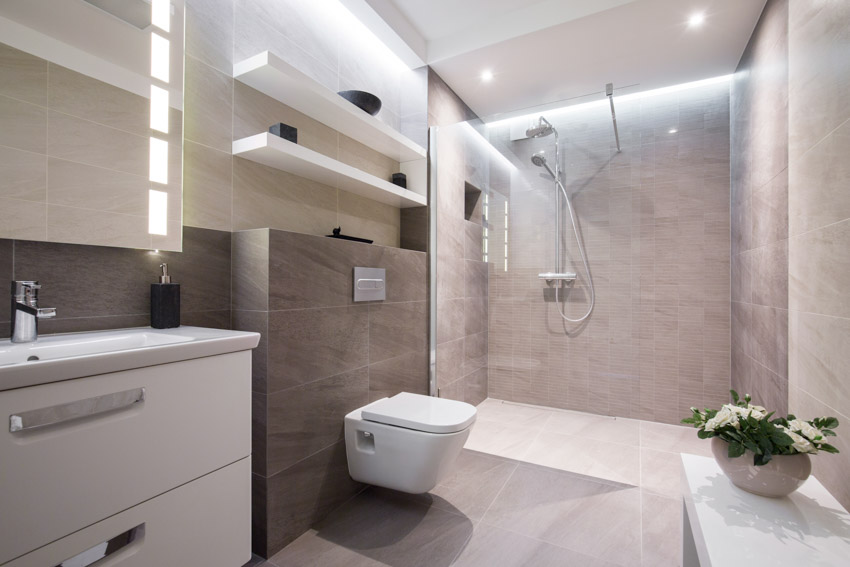 Bathroom with walk in shower, toilet, mirror, countertop, and floating shelves