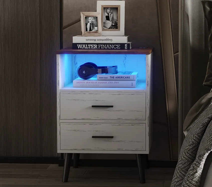 LED nightstand, books, and picture frames