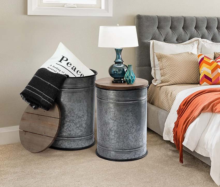 Bedroom with bed cushion, bedsheet, and farmhouse metal container nightstand