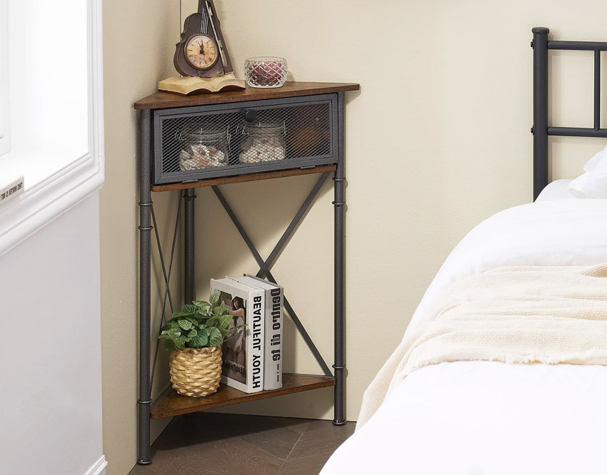 corner nightstand, and decorative elements