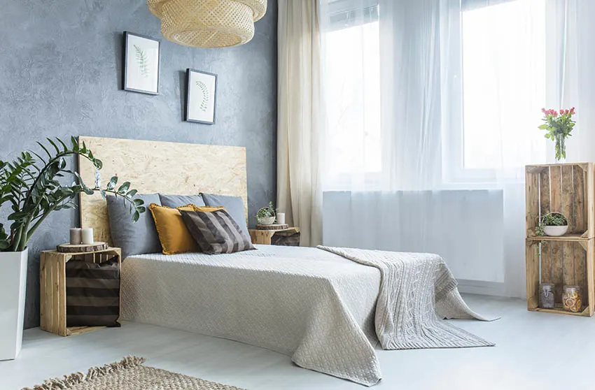 Bedroom with diy repurposed wood crate nightstands