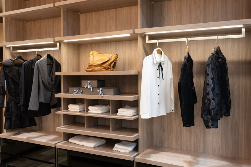 Cedar closet with open shelves and hangers