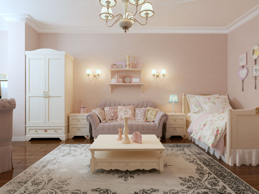 French provincial bedroom with white nightstands, carpet, cabinet, wall mounted lights, and chandeliers