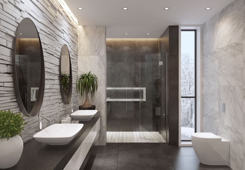 Contemporary minimalist bathroom with large black tiles, granite countertop, mirrors, toilet, indoor plants, and shower area