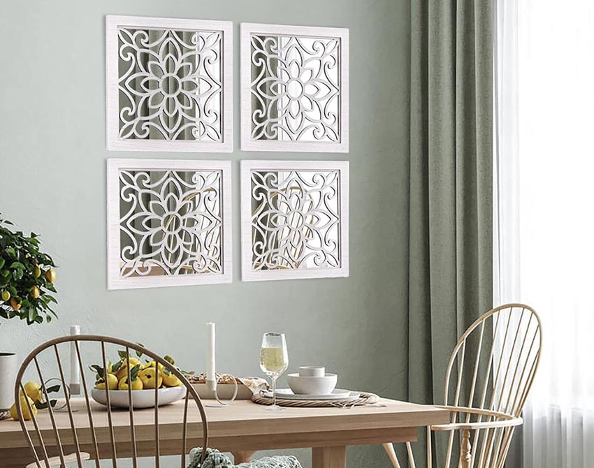 Dining room with table, chairs, window curtain, and mosaic mirror