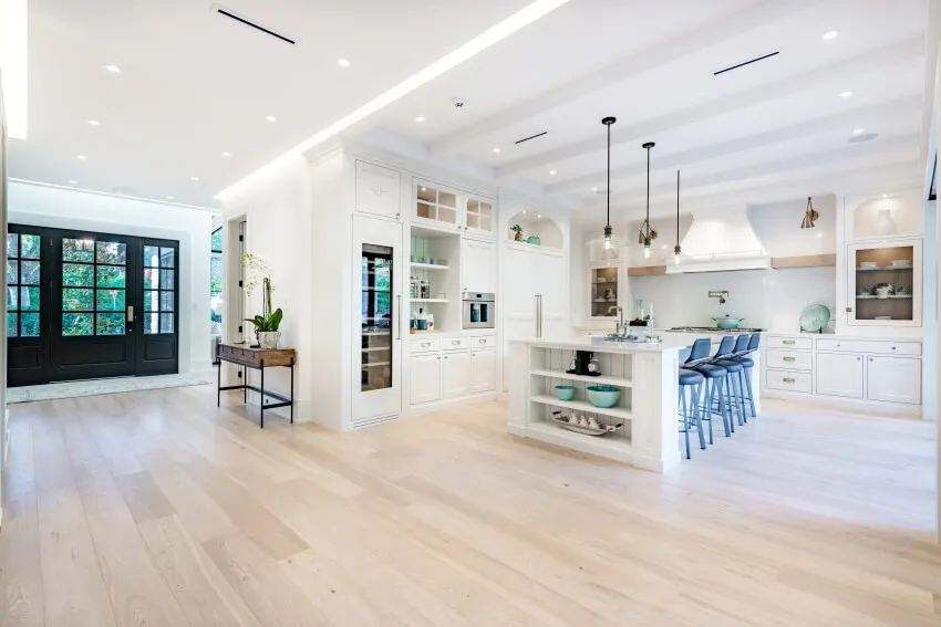 Elegant interior with kitchen dining and bar, white marble counter