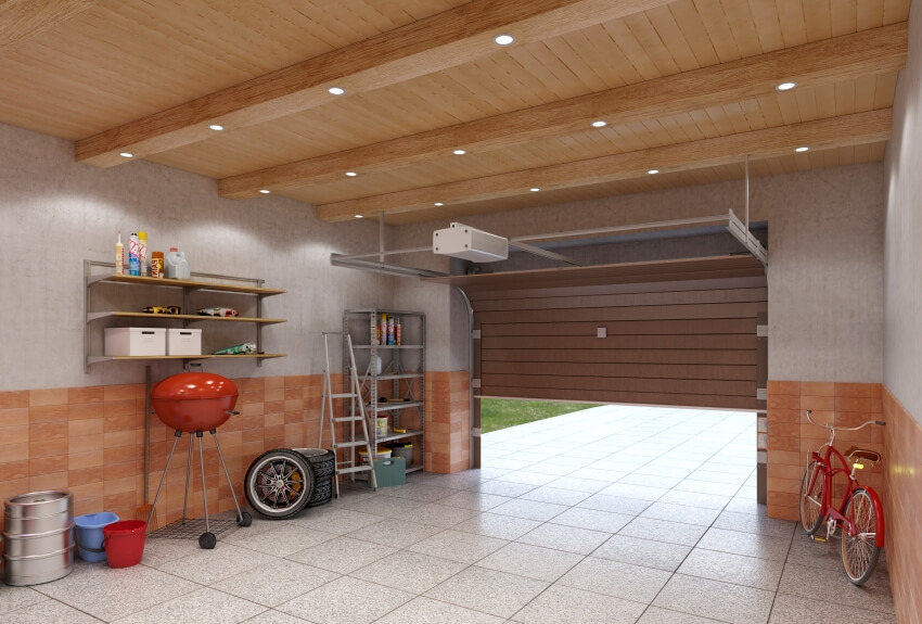 Garage interior with bicycle, storage shelves, and other stuffs