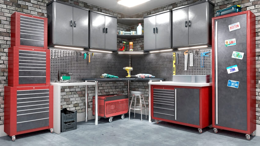 An organized garage interior with stend of tools and red and grey storage cabinets