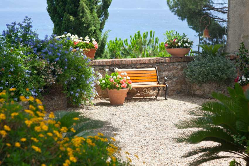 Gravel garden with wood bench, potted flowers, and foliage