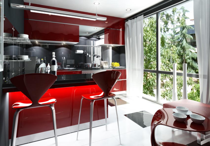 House interior with bar area, red bistro bar stools, glossy cabinets, and backsplash
