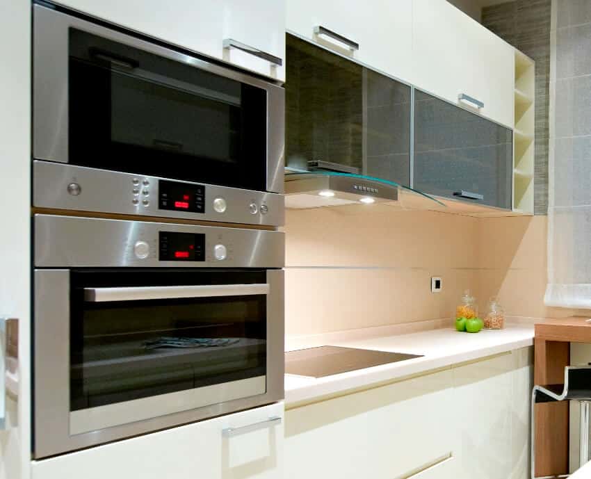 Interior of contemporary kitchen with microwave with red readout