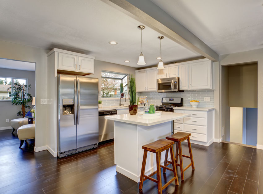 Kitchen space with wooden bar stools