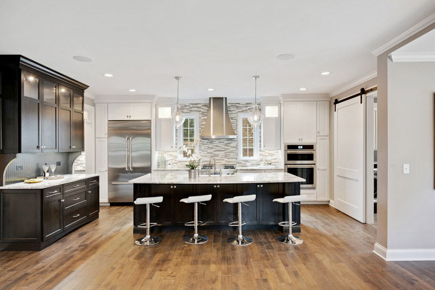 Kitchen with chrome stools