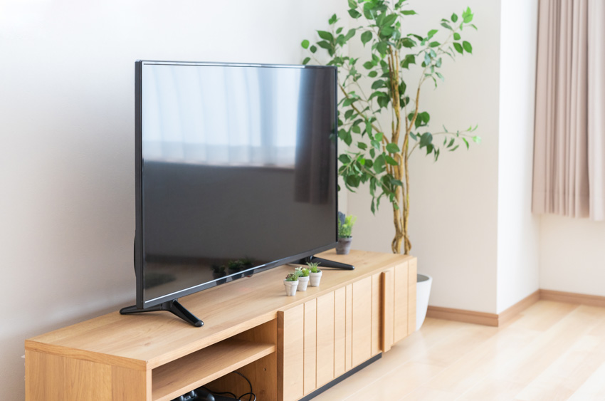Living room with TV stand made of light wood, indoor plant, and television