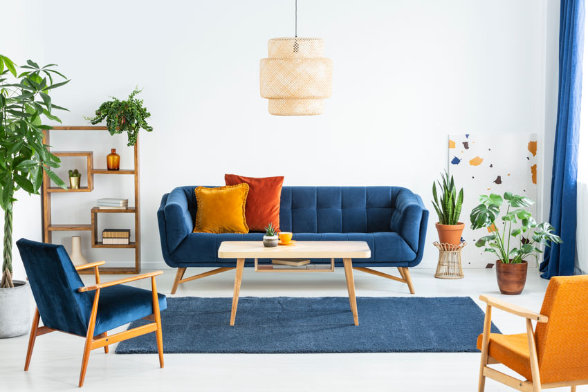 Living room with blue couch, small table, cushioned chairs, pendant light, shelves, and indoor plants