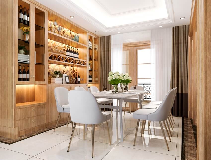 Modern dining room with luxury decors, wine shelf and elegant dining set