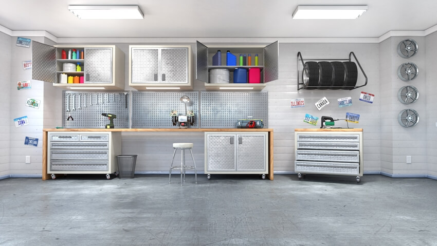 A modern garage interior with storage cabinets and shelves