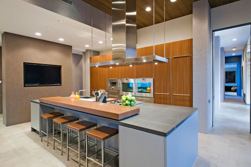Modern kitchen with center island, countertop, and stools