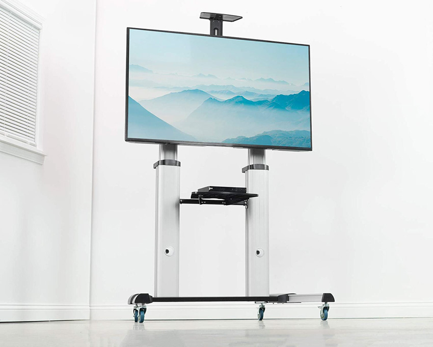 A mobile cart stand with flat screen TV