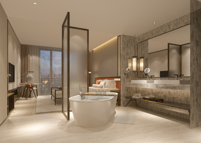 Spacious bathroom with limestone floors, tub, glass divider, bathtub, mirror, countertop, and ceiling lights