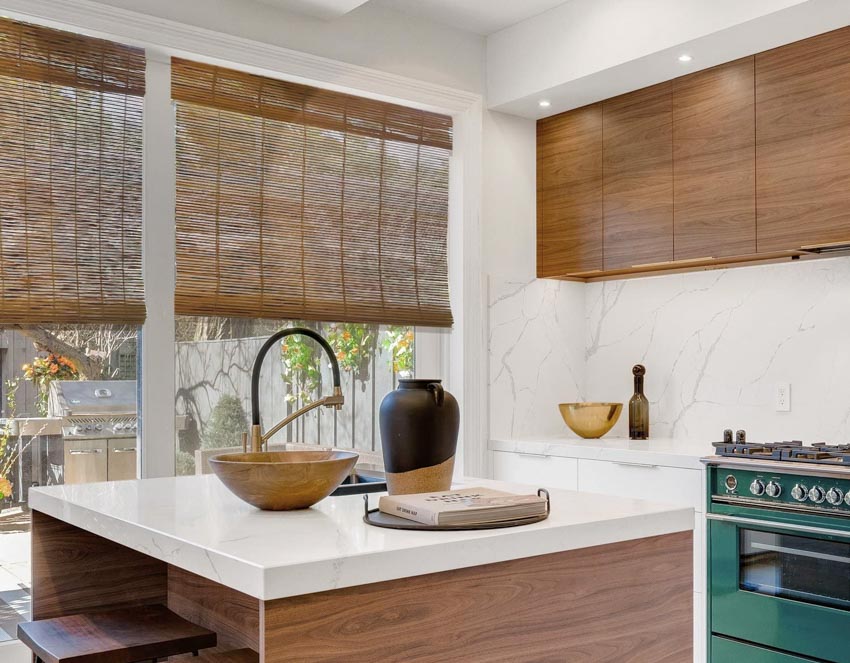 Woven wood shades and white countertop