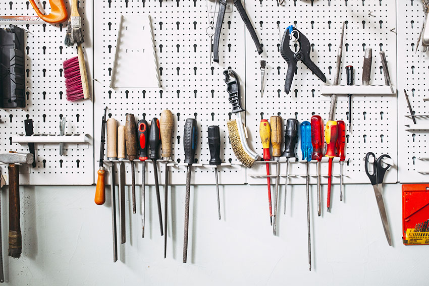 Pegboard with different hooks and tools