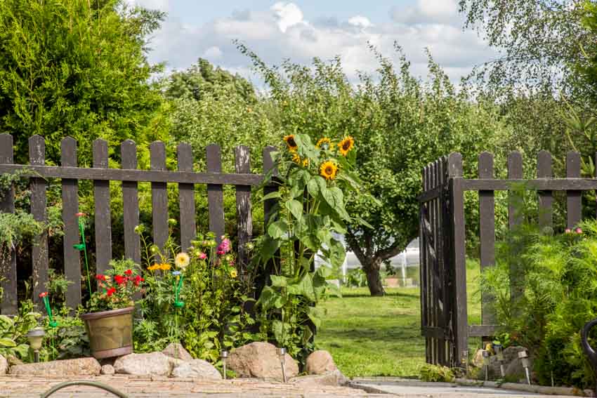 Backyard with picket fence gate, flowers, plants, and stones