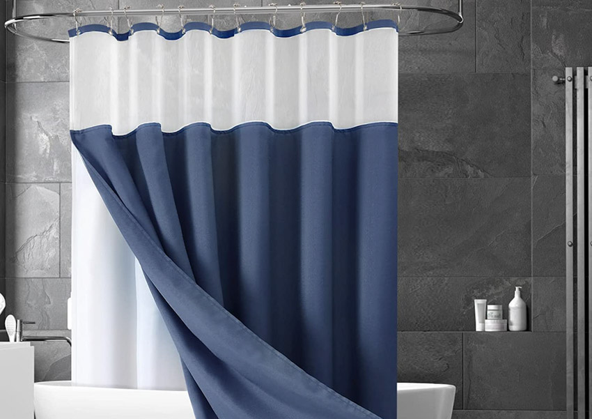 Bathroom shower curtain with snap-in liner