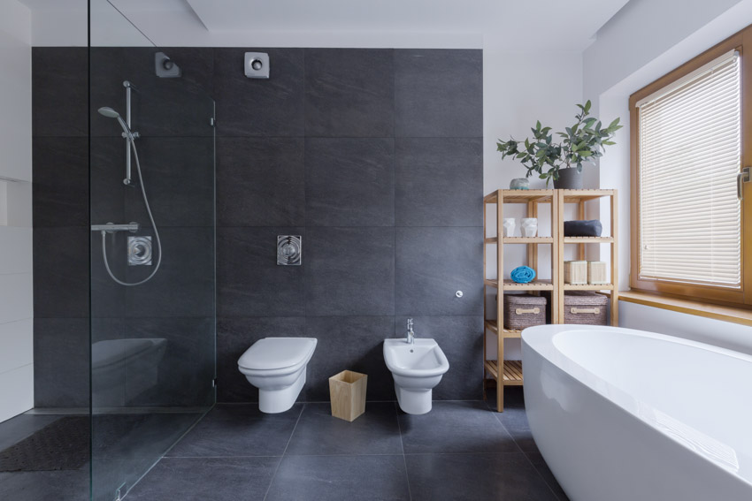 Bathroom with black large format tile, shower, glass divider and toilet