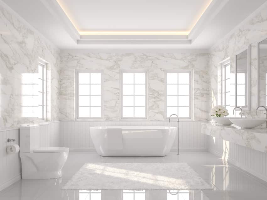 Bathroom with bookmatched porcelain wall, toilet, tub, vanity, mirror, sink, and windows