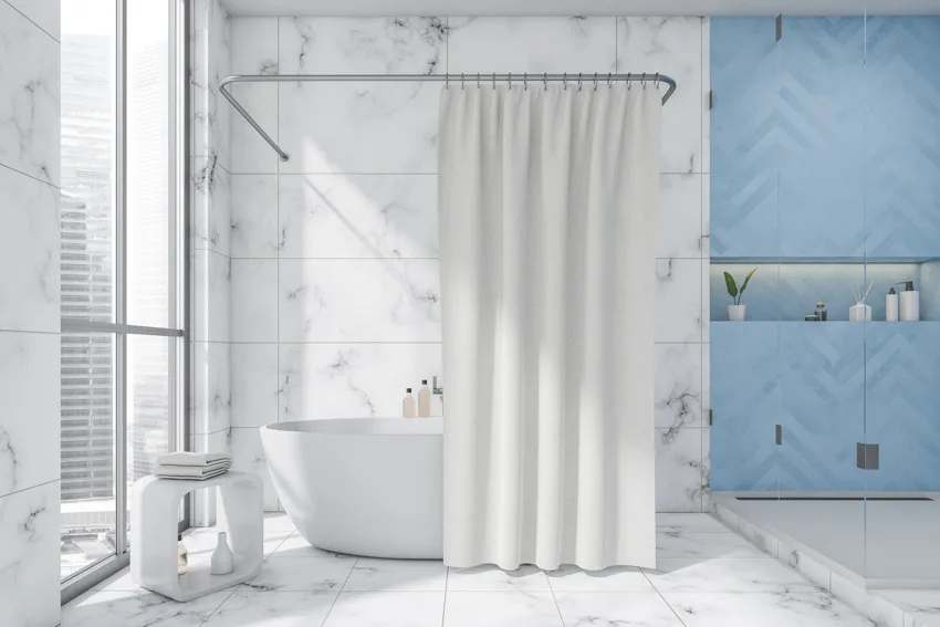 Bathroom with extra long curtain, marble wall, tub, stool, and windows